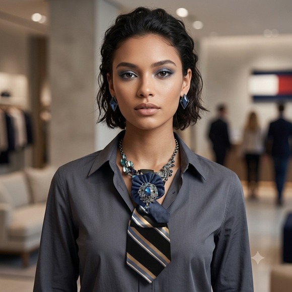 Tommy Hilfiger Jewelry - Tommy Hilfiger Repurposed Tie Necklace Set Blue Crystal Brooch Enamel Earrings